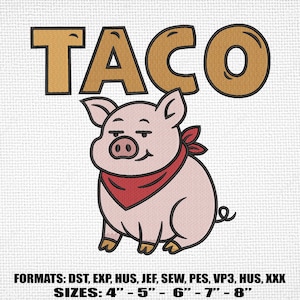 Diseño de bordado de cerdo taco, divertido bordado a máquina de cerdo de dibujos animados, lindo patrón de puntada de animal de granja, divertida sátira política