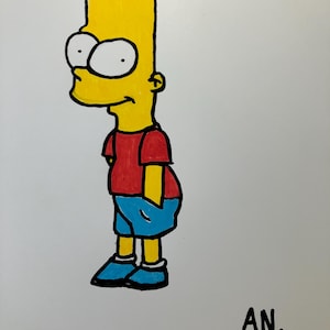 May include: A hand-drawn illustration of Bart Simpson, a cartoon character from the animated television series The Simpsons. Bart is depicted in his signature yellow skin, blue shorts, and red shirt. He has a spiky yellow hairdo and large, round eyes.