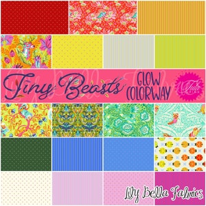 May include: A collection of colorful fabric swatches with various patterns. Designs include polka dots, floral prints, vertical stripes, and whimsical illustrations of animals and plants. The text "Tiny Beasts Glow Colorway" and "Lily Bella Fabrics" are also visible.