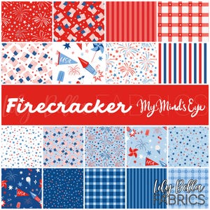 May include: A collection of patriotic fabric patterns in red, white, and blue. Designs include fireworks, American flags, stars, stripes, and gingham. The text "Firecracker My Mind's Eye" is displayed across the center.