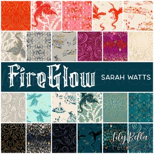 May include: A collection of fabric swatches with dragon and fantasy-themed designs. The color palette includes red, pink, teal, and gold. The text "FireGlow Sarah Watts" and "Lily Bella Fabrics" are visible.
