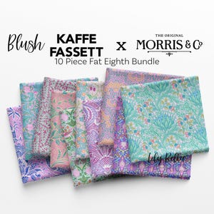 May include: A bundle of ten fabric pieces in various floral and paisley patterns. The fabrics feature shades of pink, purple, and teal. The text "Blush Kaffe Fassett x Morris & Co" is at the top, with "10 Piece Fat Eighth Bundle" below.