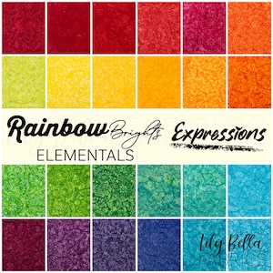May include: A colorful fabric swatch collection featuring a variety of vibrant colors, including red, yellow, green, and blue. The fabric has a patterned design and the text "Rainbow Brights Expressions" and "ELEMENTALS" is displayed.