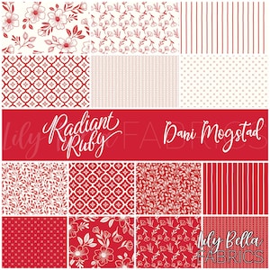 May include: A collection of fabric swatches in various patterns, including floral, geometric, and striped designs. The color scheme is primarily red and white. The text "Radiant Ruby Dani Mogstad" is displayed prominently, along with "Lily Bella Fabrics".