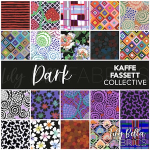May include: A collection of 18 fabric squares featuring various colorful patterns, including floral, geometric, and abstract designs. The fabric squares are arranged in a grid pattern and are labeled "Kaffee Fassett Collective" and "Lily Bella Fabrics".