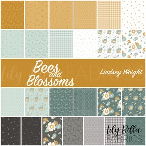 May include: A collection of fabric swatches featuring patterns of bees, blossoms, leaves, honey jars, and geometric shapes in shades of mustard yellow, sage green, white, and charcoal gray. A central banner displays the text Bees and Blossoms.