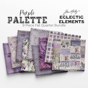 May include: A nine-piece fat quarter bundle of fabric in a purple palette. The fabrics feature various patterns, including floral, map, and abstract designs. The text "Purple Palette" and "Eclectic Elements" are displayed.