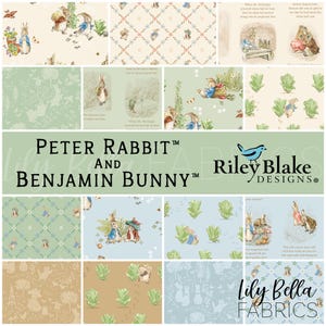 May include: A collection of Peter Rabbit and Benjamin Bunny fabric swatches. The designs feature illustrations of Peter Rabbit, Benjamin Bunny, and other characters in various scenes. The color palette includes soft greens, blues, and beige with floral and geometric patterns.