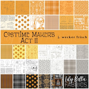 May include: A collection of Halloween-themed fabric squares in orange, black, and white. Designs include spiderwebs, pumpkins, and vintage ephemera. The text "Costume Maker's Act II" is displayed in the center, with "Lily Bella Fabrics" at the bottom.