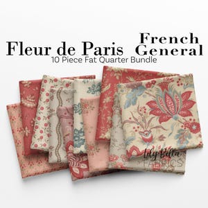 May include: A collection of ten fat quarter fabric bundles with floral patterns in shades of red, pink, and cream. The fabric bundle is labeled "Fleur de Paris French General" and includes the "Lily Bella Fabrics" logo.