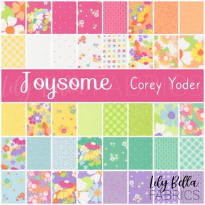 May include: A collection of fabric swatches featuring various patterns including floral prints, gingham checks, polka dots, and stripes in shades of pink, orange, yellow, green, blue, and purple. The text Joysome Corey Yoder and Lily Bella Fabrics is visible.