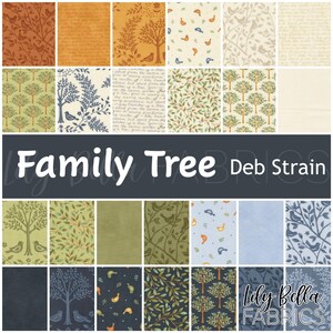 May include: A collection of fabric swatches with various patterns, including trees, birds, and script. The color palette includes shades of orange, green, blue, and cream. The text "Family Tree Deb Strain" is displayed across the center.