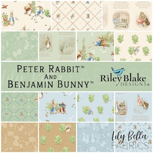 May include: A collection of Peter Rabbit and Benjamin Bunny fabric designs. The fabrics feature illustrations of Peter Rabbit, Benjamin Bunny, and other characters in various scenes. Colors include beige, blue, green, and brown. The Riley Blake Designs logo is also visible.