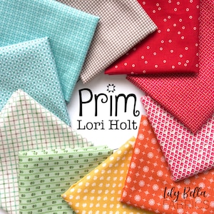 May include: A collection of fabric squares in various patterns and colors, including red, orange, yellow, green, blue, and brown. The fabrics are arranged in a circle around a white label with the text "Prim Lori Holt".