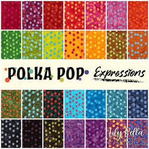 May include: A collection of fabric swatches with a polka dot pattern in various colors, including red, green, and blue. The text "POLKA POP Expressions" is displayed across the center. The fabric is from Lily Bella Fabrics.