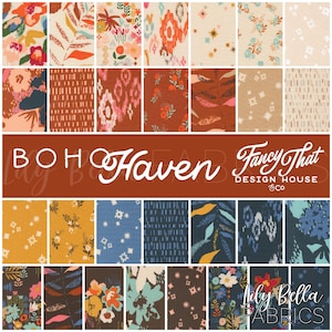 May include: A fabric collection with a variety of floral, geometric, and abstract patterns in shades of orange, pink, blue, and brown. The text "BOHO Haven" and "Fancy That Design House & Co" are displayed on a brown background. The Lily Bella Fabrics logo is also visible.