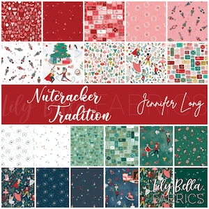 May include: A collection of fabric swatches with various Christmas-themed patterns. Designs include ornaments, stars, gift boxes, nutcrackers, and ballet dancers. The text "Nutcracker Tradition Jennifer Long" is displayed on a red banner.