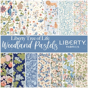 May include: A collection of 10 fabric prints featuring a woodland theme with pastel colors. The prints include trees, flowers, birds, and animals. The fabric is from Liberty Fabrics and is called "Woodland Pastels".