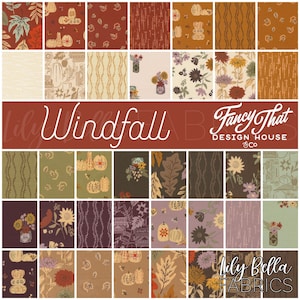 May include: A collection of fabric swatches with autumn-themed patterns. Designs include pumpkins, leaves, and floral arrangements in shades of orange, brown, green, and cream. The text "Windfall" and "Fancy That Design House & Co" are visible.