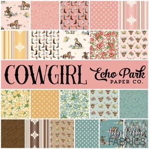 May include: A collection of patterned fabric swatches with a cowgirl theme. Designs include horses, cowboy boots, floral patterns, and polka dots in various colors like pink, yellow, and blue. The text "COWGIRL Echo Park PAPER CO." is displayed.