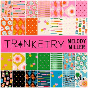 May include: A collection of fabric swatches with various patterns. Designs include cherries, pens, hearts, and floral motifs in pink, orange, green, and blue. The word "TRINKETRY" is displayed in large, black letters on a pink banner, with "MELODY MILLER" below.