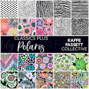 May include: A collection of 16 fabric squares featuring various patterns in black and white, and colorful floral designs. The fabric squares are arranged in a grid pattern. The text "Classics Plus Lily Polaris Fabrics" and "Kaffee Fassett Collective" are displayed at the top of the image.