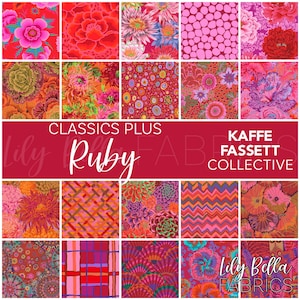 May include: A collection of colorful fabric swatches featuring floral and geometric patterns in shades of red, pink, orange, and purple. The text "CLASSICS PLUS Ruby" and "KAFFE FASSETT COLLECTIVE" are displayed. The Lily Bella Fabrics logo is also visible.