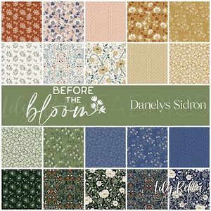 May include: A collection of twenty fabric swatches featuring diverse floral and botanical patterns in shades of rust, mustard, sage green, navy blue, and cream. A central olive green banner displays the text BEFORE THE bloom Danelys Sidron.