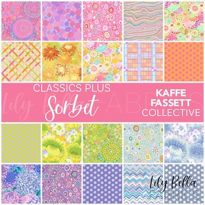 May include: A collage of 16 fabric squares featuring a variety of colorful patterns, including polka dots, floral designs, geometric shapes, and abstract patterns. The fabric squares are arranged in a grid pattern. The text "Classics Plus Sorbet" and "Kaffee Fassett Collective" is displayed in the center of the collage.