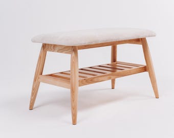 Scandinavian Oak Bench with Soft Velour Seat & Shoe Shelf