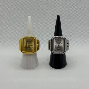 Vintage women’s watch ring silver or gold, retro quartz watch ring rectangular dial Roman numerals, elegant adjustable jewelry