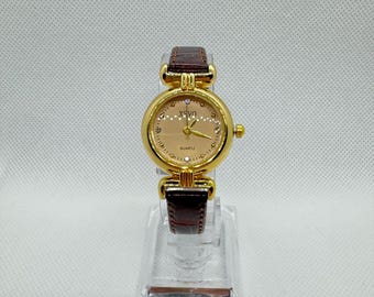 Gold women's watch, brown leather watch, elegant vintage watch, classic quartz jewelry, refined women's gift, retro watch