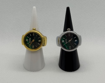 Vintage watch ring for women, green dial quartz, adjustable gold or silver ring, unique retro jewelry gift