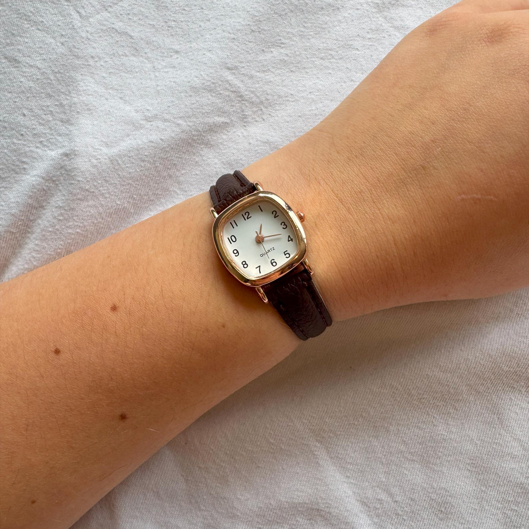 Vintage Gold Square Watch for Women With Brown Strap 