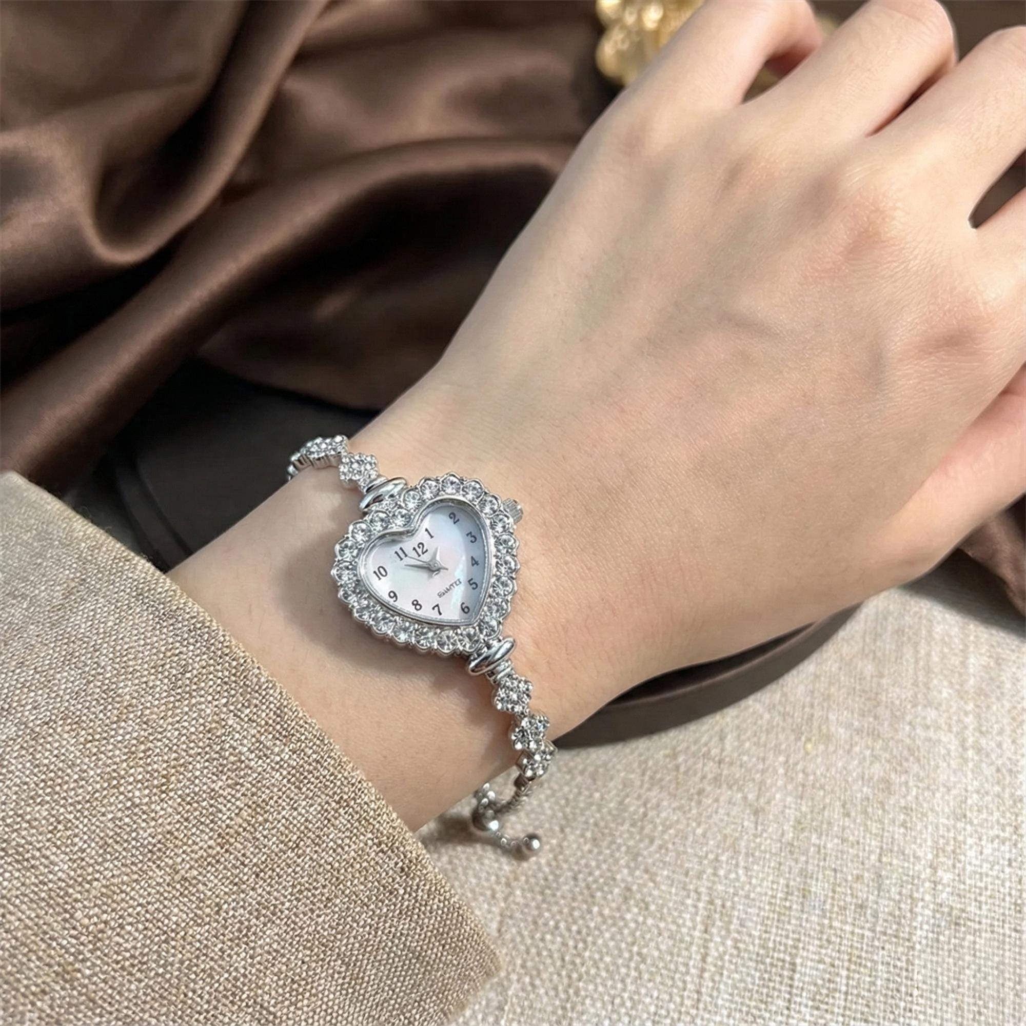 Womens Watch Sterling Silver Heart Link Bracelet Jewelry Clasp Dress Formal Sterling Silver Cable Link Bracelet w/ Engraved Heart Charm  main image 3