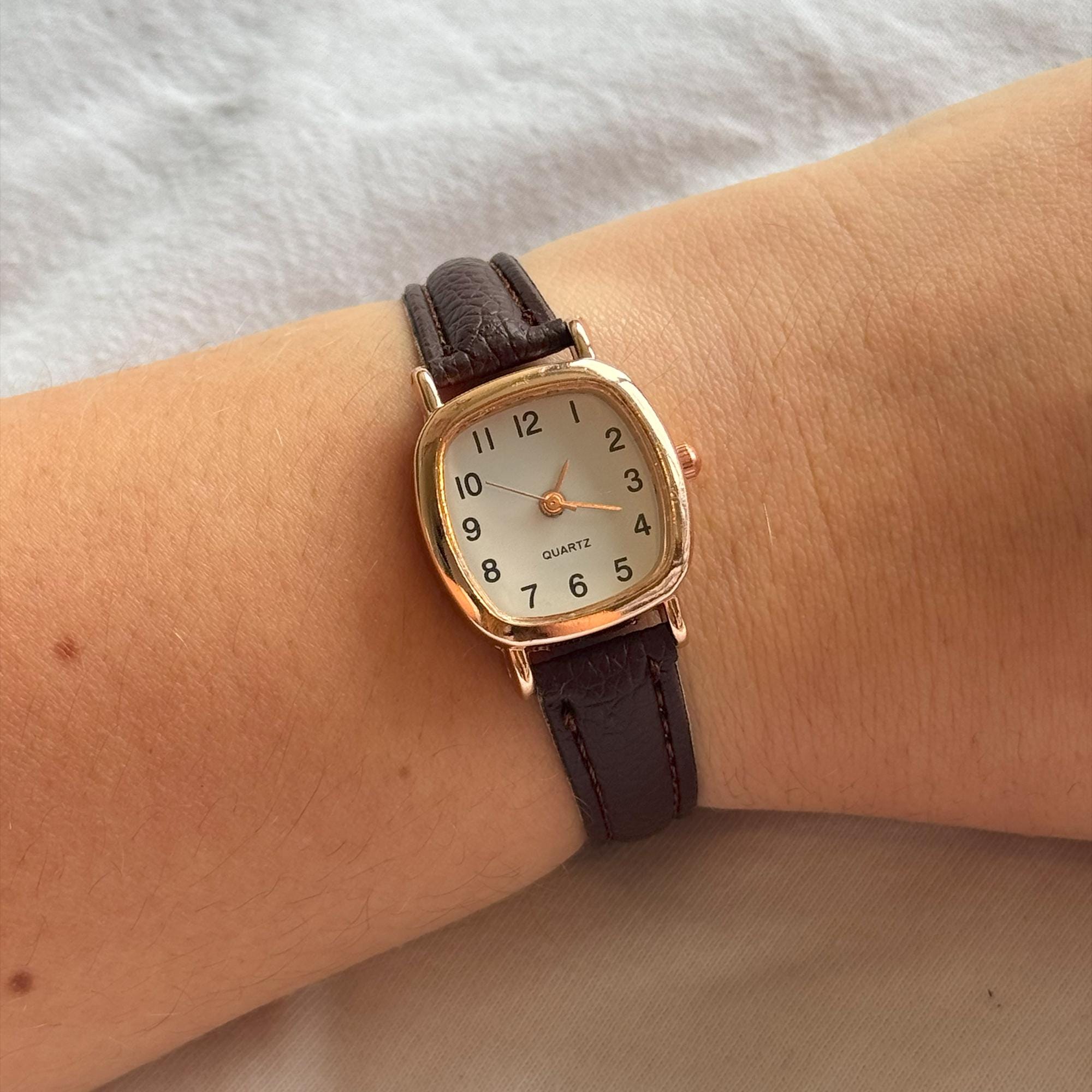 Vintage Gold Square Watch for Women With Brown Strap 