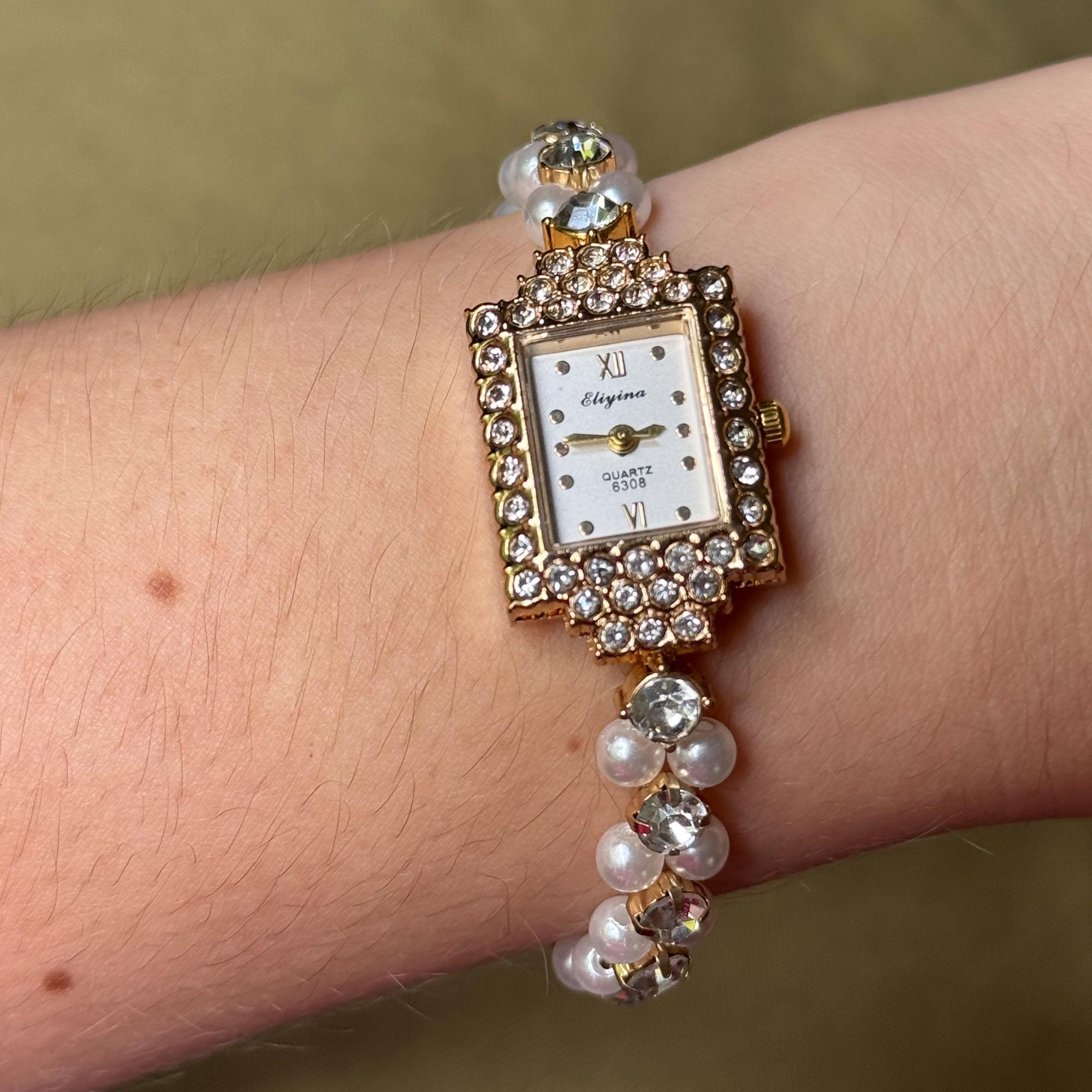 Vintage Floral Pearl & Rhinestone Gold Watch – Elegant Women’s Quartz Vintage Pegasus Ladies Quartz Watch Gold Tone Mesh Band Blue  main image 4