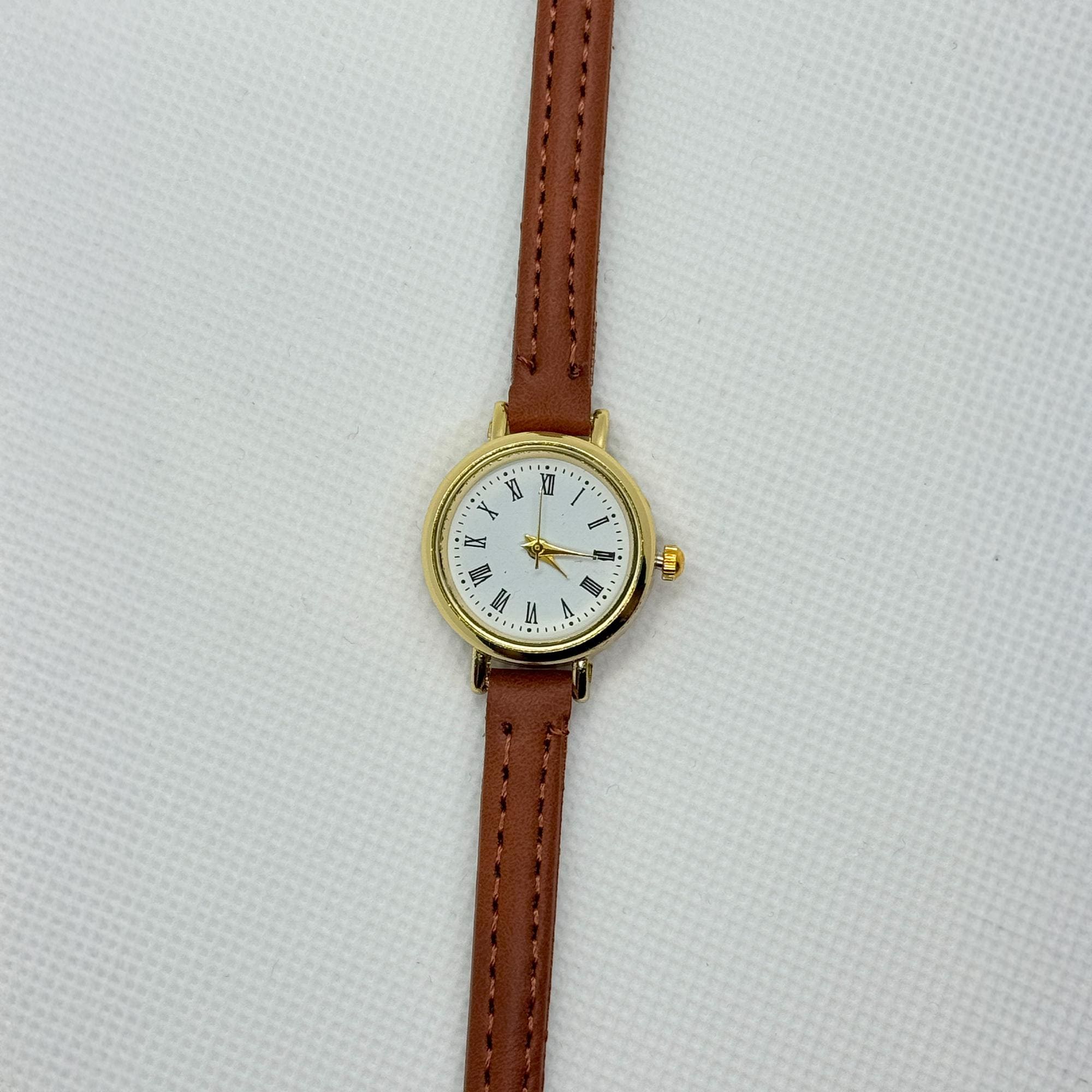 Vintage Gold Watch for Women – Brown Faux Leather Strap 