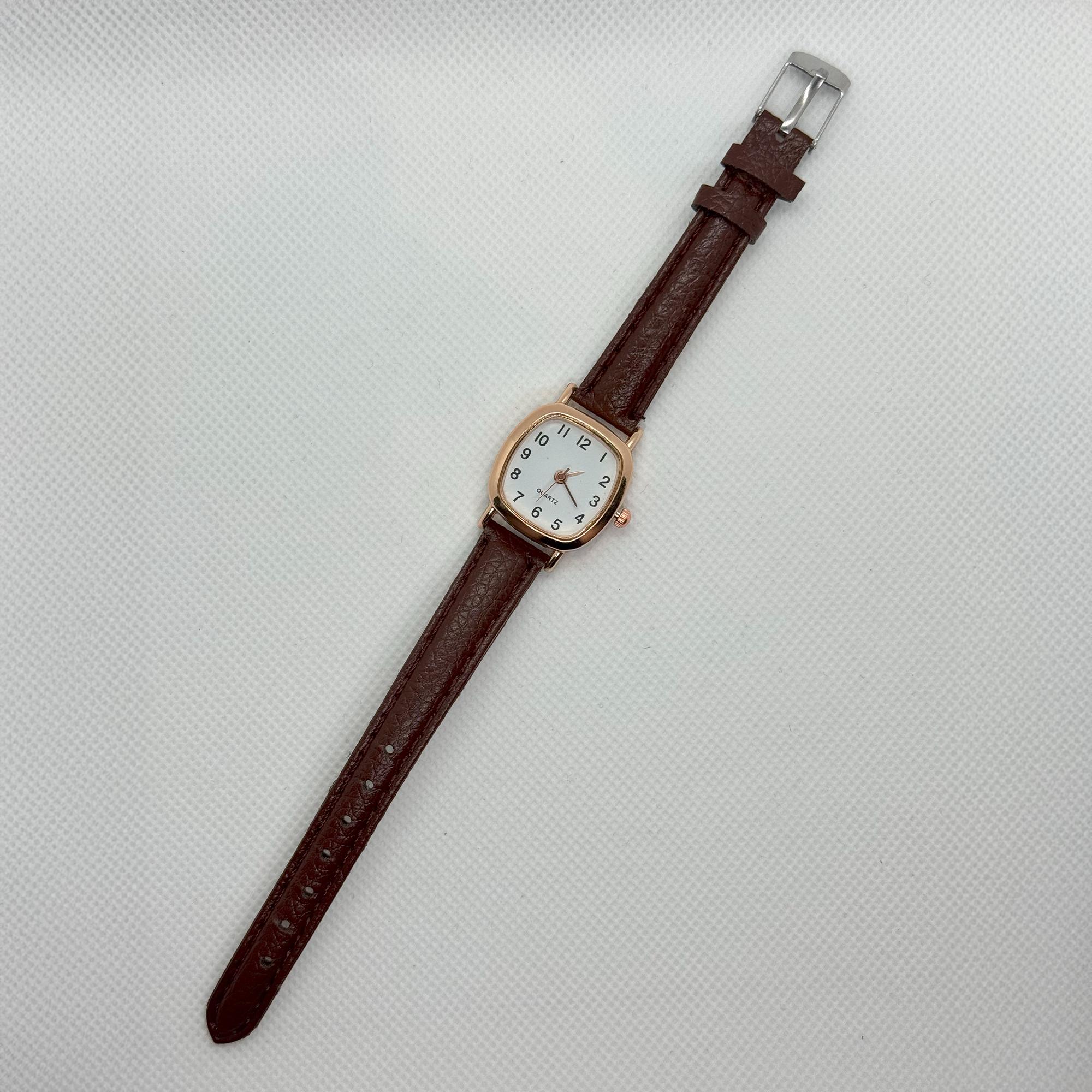 Vintage Gold Square Watch for Women With Brown Strap 