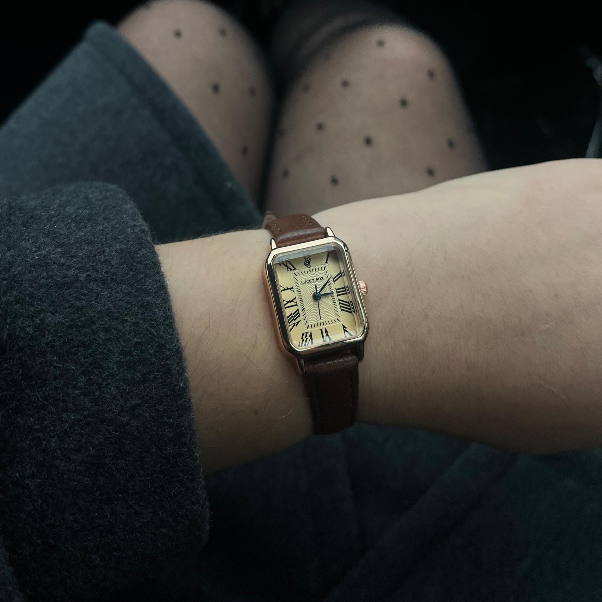 Vintage Gold Rectangular Watch With Brown Leather Strap 