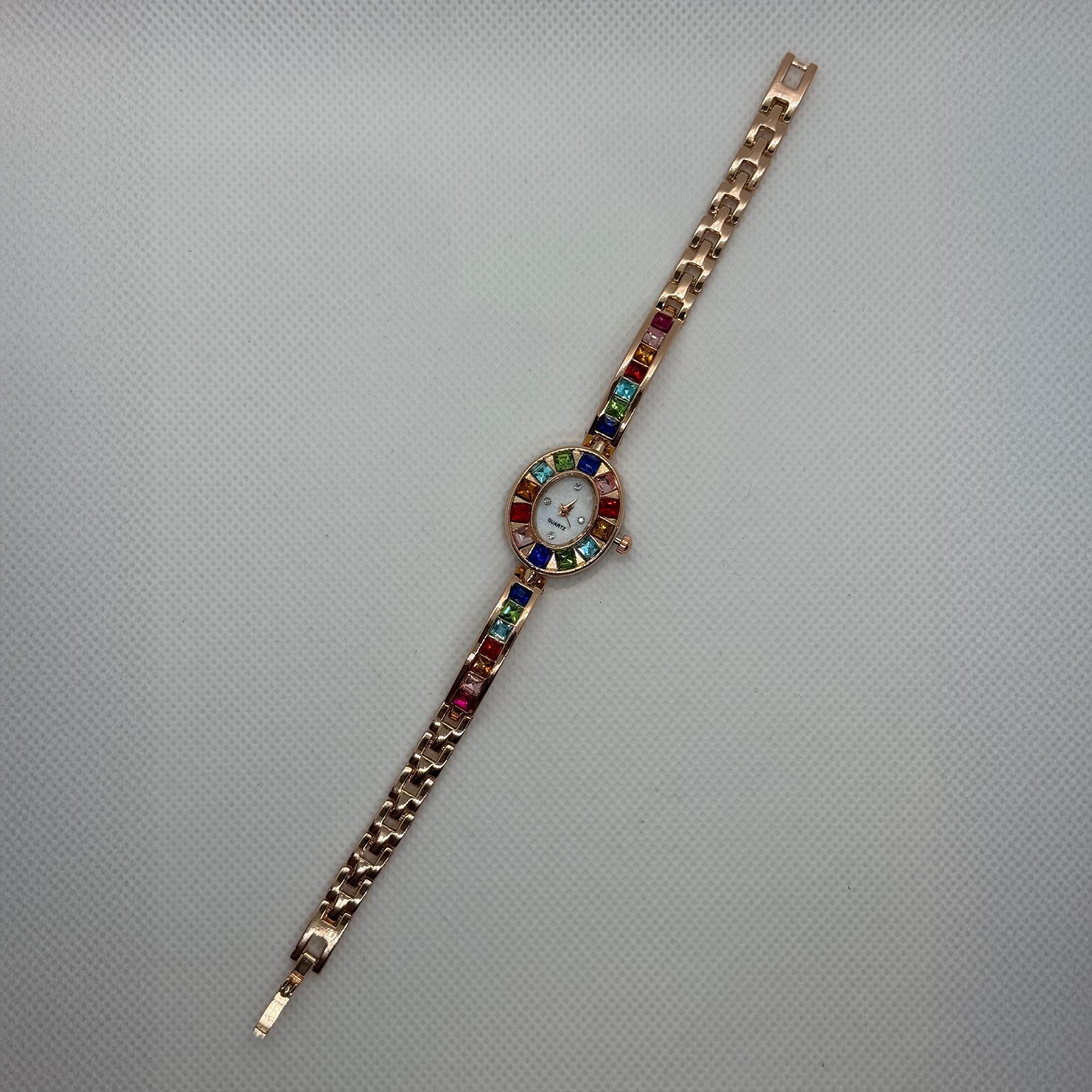 Gold Bracelet Watch for Women With Multicolored Crystals 
