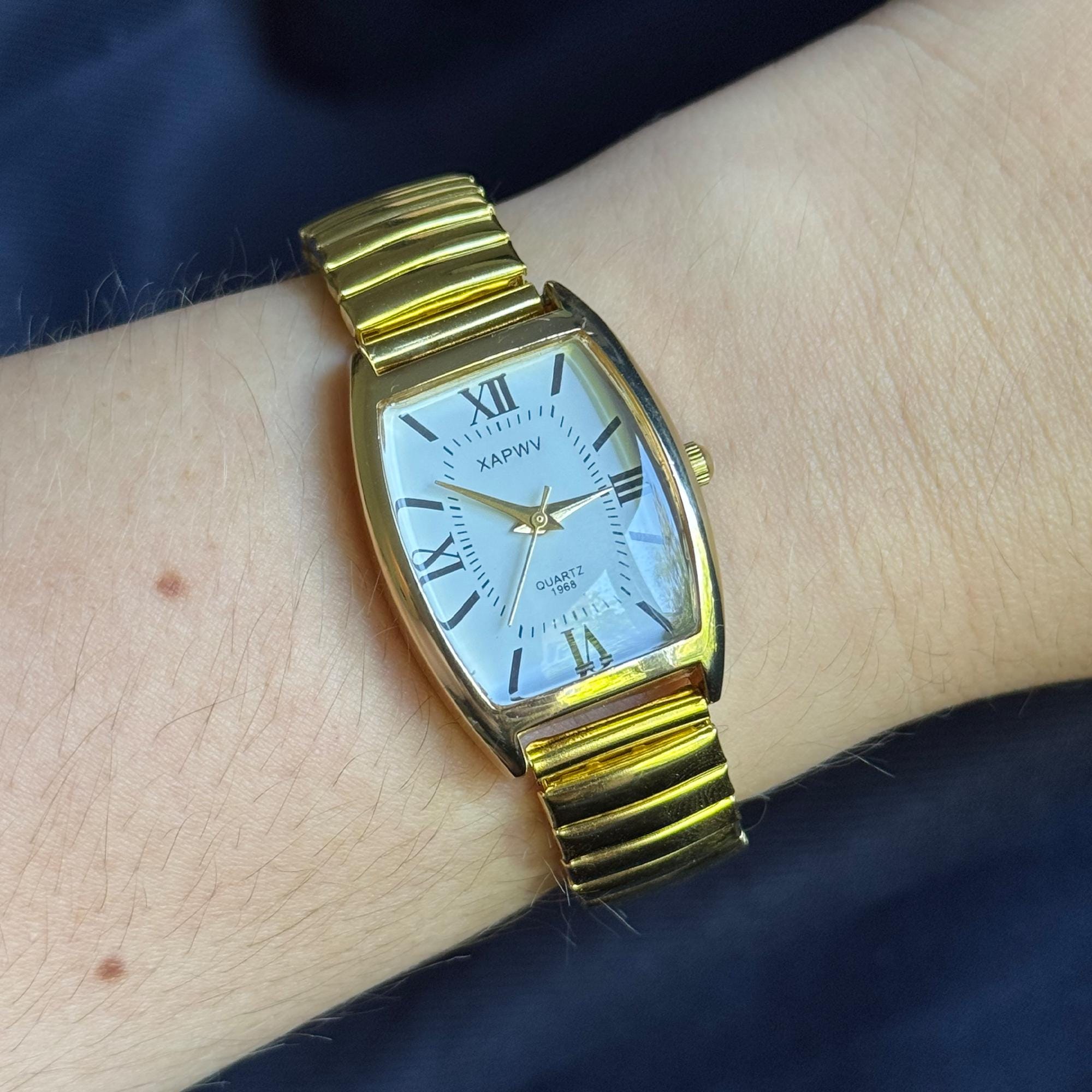 Vintage Gold Women\'s Watch, Rectangular Case, White Roman Dial, Stainless Steel Gold Watches for Women with Vintage Rectangular Case,White  main image 3