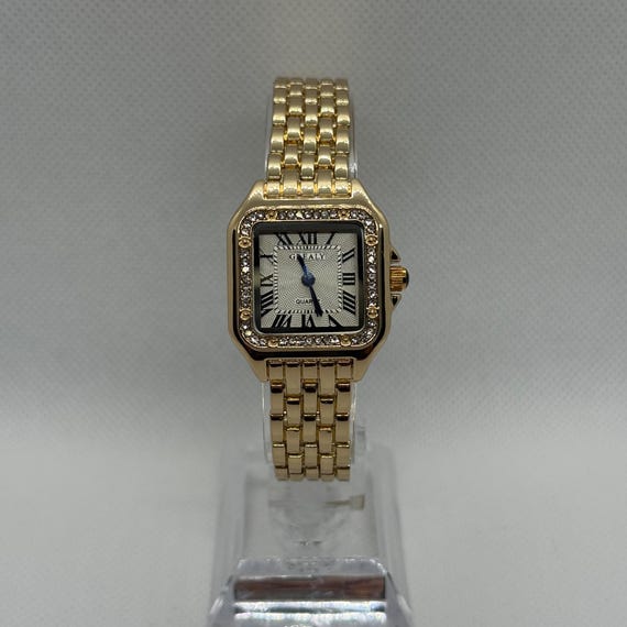 Montre femme vintage dorée carrée, bracelet acier élégant avec strass, cadran blanc chiffres romains, montre quartz rétro, idée cadeau femme