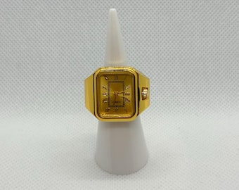 Vintage Gold Watch Ring for Women – Rectangular Quartz Adjustable Ring – Elegant Retro Accessory – Unique Gift Idea