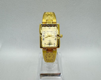 Vintage rectangular women's gold wristwatch, elegant quartz watch with engraved bracelet, retro jewelry original gift
