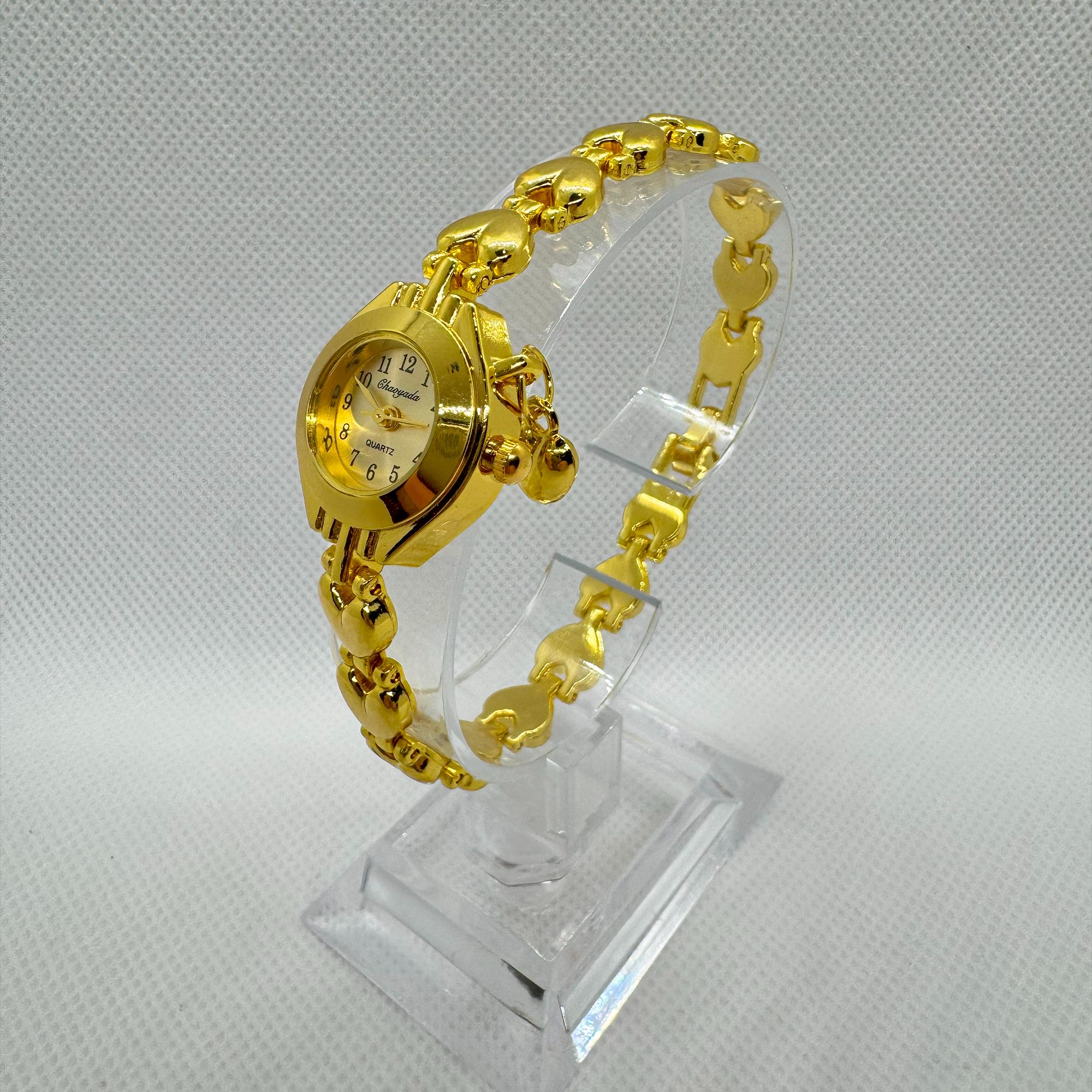 Womens All Gold Analog Quartz Stainless Steel Heart Pandant Bracelet Wrist Watch Gold Heart Bracelet Watch for Women, Romantic Vintage  main image 2