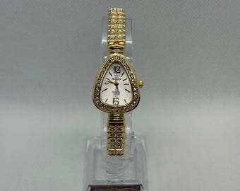 Vintage gold women’s watch, slim bracelet with rhinestones, unique teardrop dial, elegant retro jewelry, chic quartz watch, feminine gift