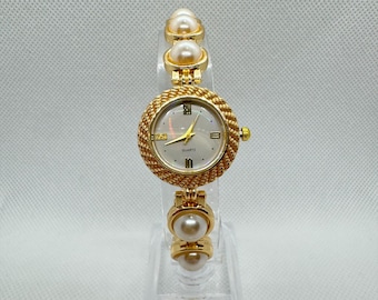 Reloj de perla para mujer, reloj de pulsera de oro, elegante reloj vintage, refinada joyería de cuarzo, regalo sofisticado para mujer, reloj de oro para mujer