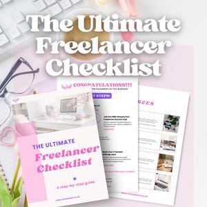 Può includere: Un elenco di controllo rosa e bianco intitolato "The Ultimate Freelancer Checklist" con una guida passo passo per i freelance. L'elenco di controllo include suggerimenti per unirsi a un hub di successo gratuito per i freelance, prenotare una sessione individuale con un coach freelance e accedere alle risorse. L'elenco di controllo è progettato per aiutare i freelance a raggiungere il successo nel loro business.