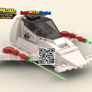 Könnte beinhalten: Ein weißes und schwarzes Modellraumschiff mit roten und grünen Akzenten. Das Modell hat ein Cockpit und zwei grüne Laserstrahlen. Der Text auf dem Bild lautet: "DIGITALER DOWNLOAD: Bauanleitung & Teileliste nur. KEINE PHYSISCHEN ZIEGEL ENTHALTEN."